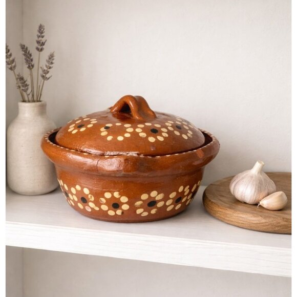 Other - Handmade Terracotta Lidded Bowl | Mexican Folk Pottery Cazuela Repaired Handle
